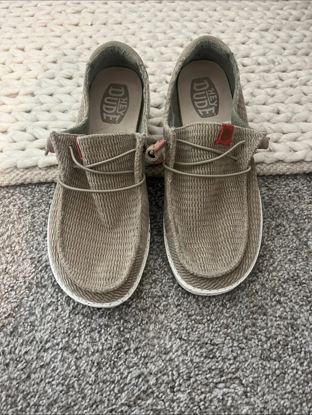 Hey Dude Tan Knit Slip-On Sneakers with Subtle Red Accents-worn only 2 times